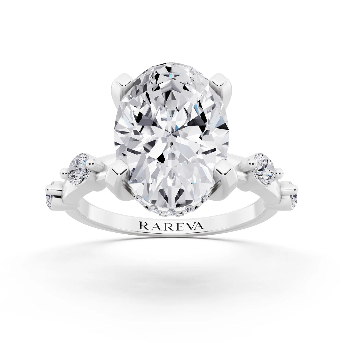 14 KT White Gold Oval Cut Diamond Solitaire Ring with Floating Diamond Accents - front view