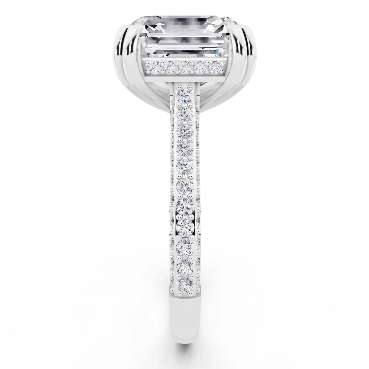 14 KT White Gold Asscher Cut Diamond Hidden Halo Double Claw Pave Band Ring - side view