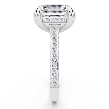 14 KT White Gold Asscher Cut Diamond Hidden Halo Double Claw Pave Band Ring - side view
