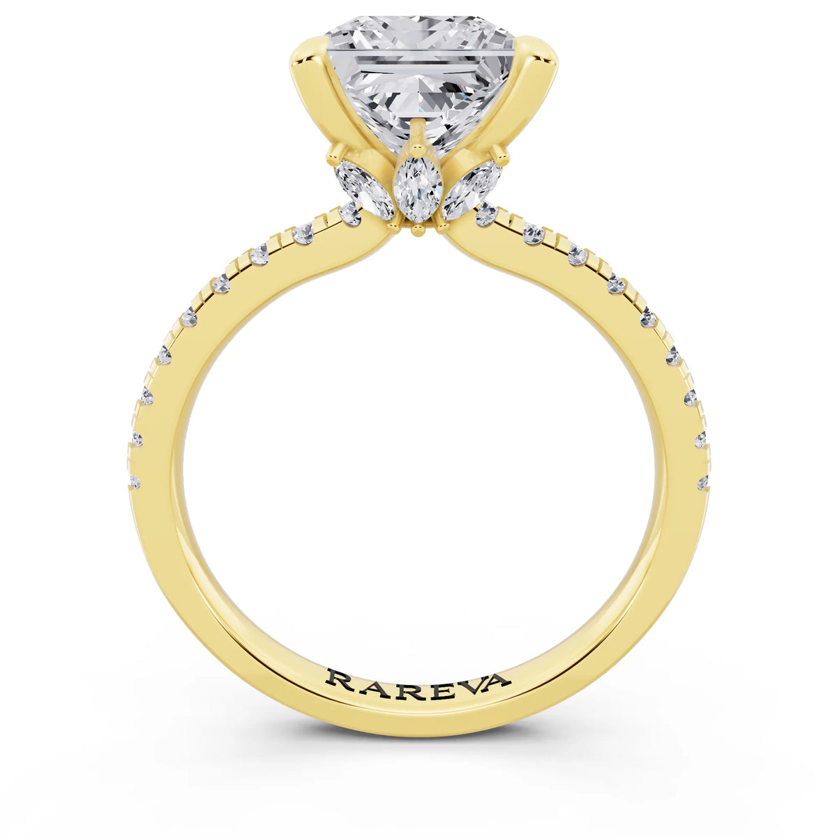 18 KT Yellow Gold Princess Cut Diamond Solitaire Ring with Marquise Collar - through finger