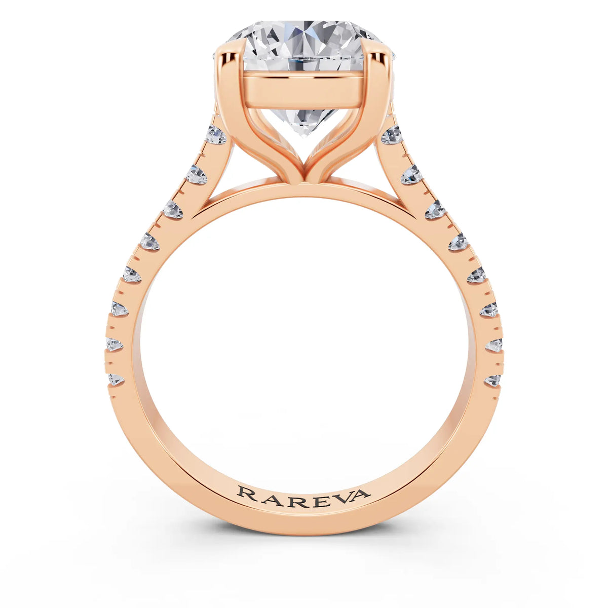 18 KT Rose Gold Round Cut Diamond Solitaire Ring with Pave Band - Through
