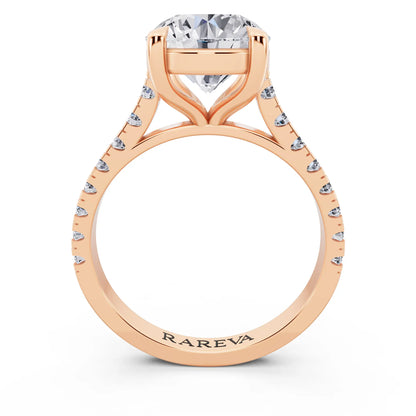 18 KT Rose Gold Round Cut Diamond Solitaire Ring with Pave Band - Through