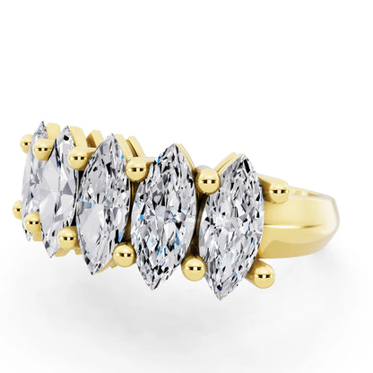10K Yellow Gold Five Stone Marquise Cut Diamond Half Eternity Wedding Band - 2.7mm - Close up