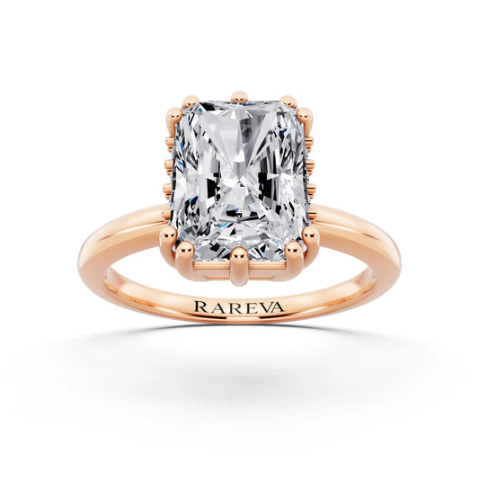 14 KT Rose Gold Radiant Cut Diamond Solitaire Ring with Hidden Accent Basket - front view