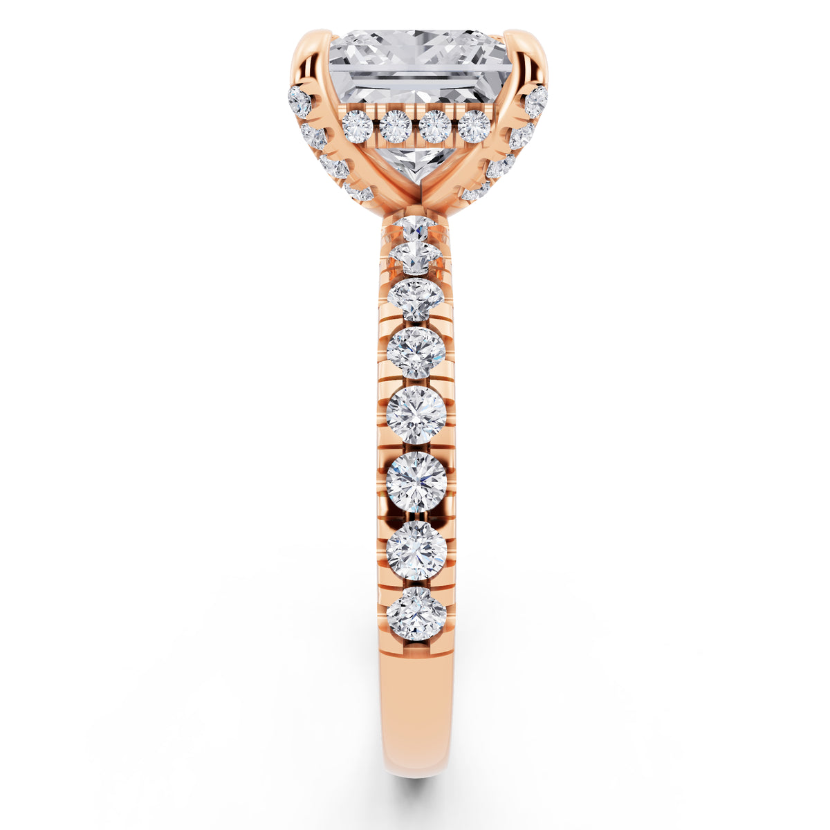 18 KT Rose Gold Princess Cut Diamond Hidden Halo Ring with Pave Shank - side view