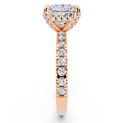 18 KT Rose Gold Princess Cut Diamond Hidden Halo Ring with Pave Shank - side view