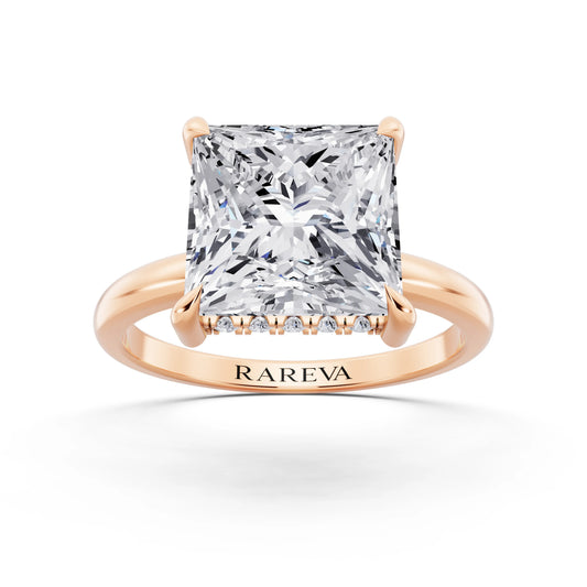 14 KT Rose Gold Princess Cut Diamond Solitaire Ring with Hidden Halo - front view