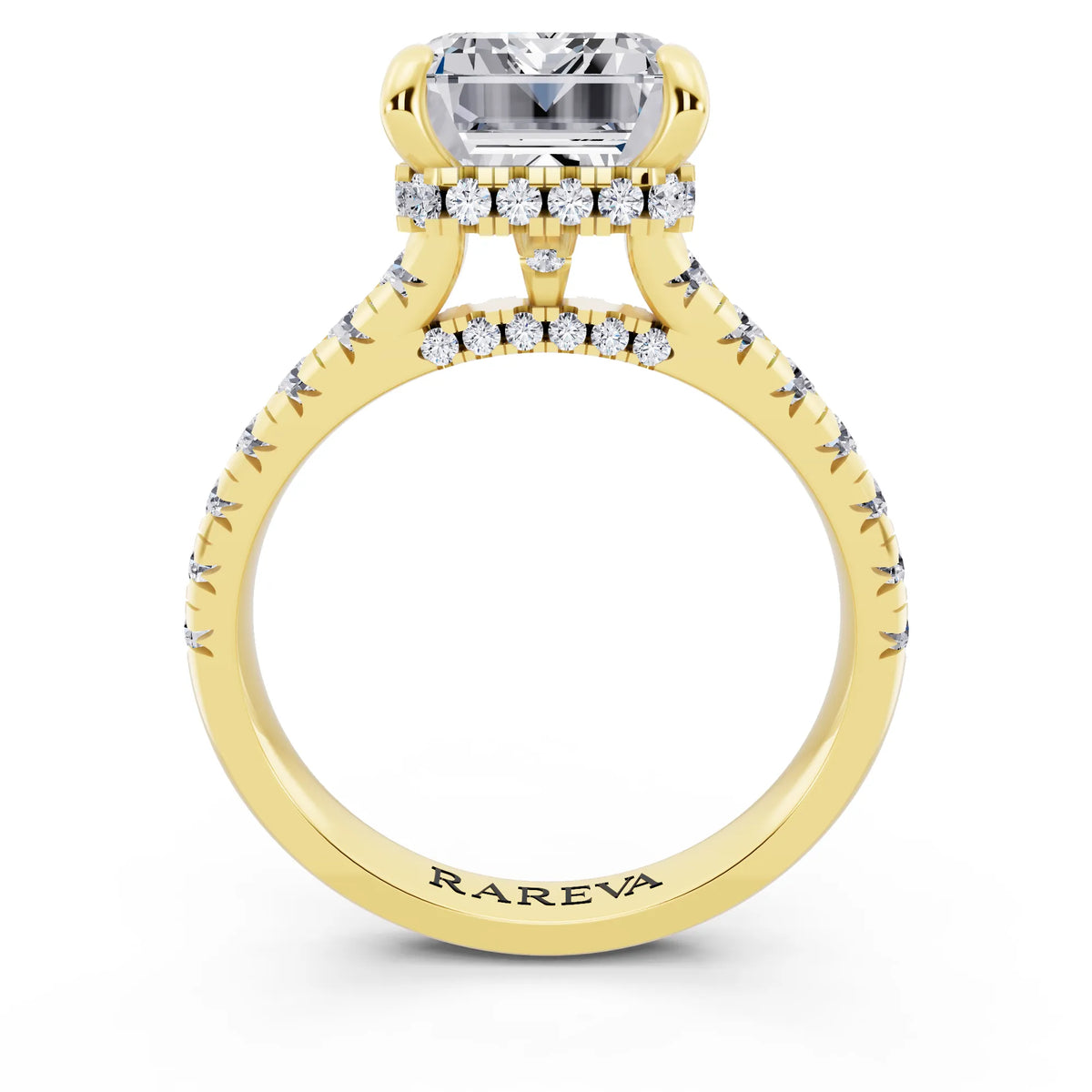 14 KT Yellow Gold Emerald Cut Diamond Ring with Hidden Halo - through finger