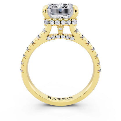 14 KT Yellow Gold Emerald Cut Diamond Ring with Hidden Halo - through finger