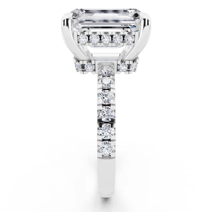 Platinum Emerald Cut Diamond Hidden Halo Tiger Prong Pave Band Ring - side view