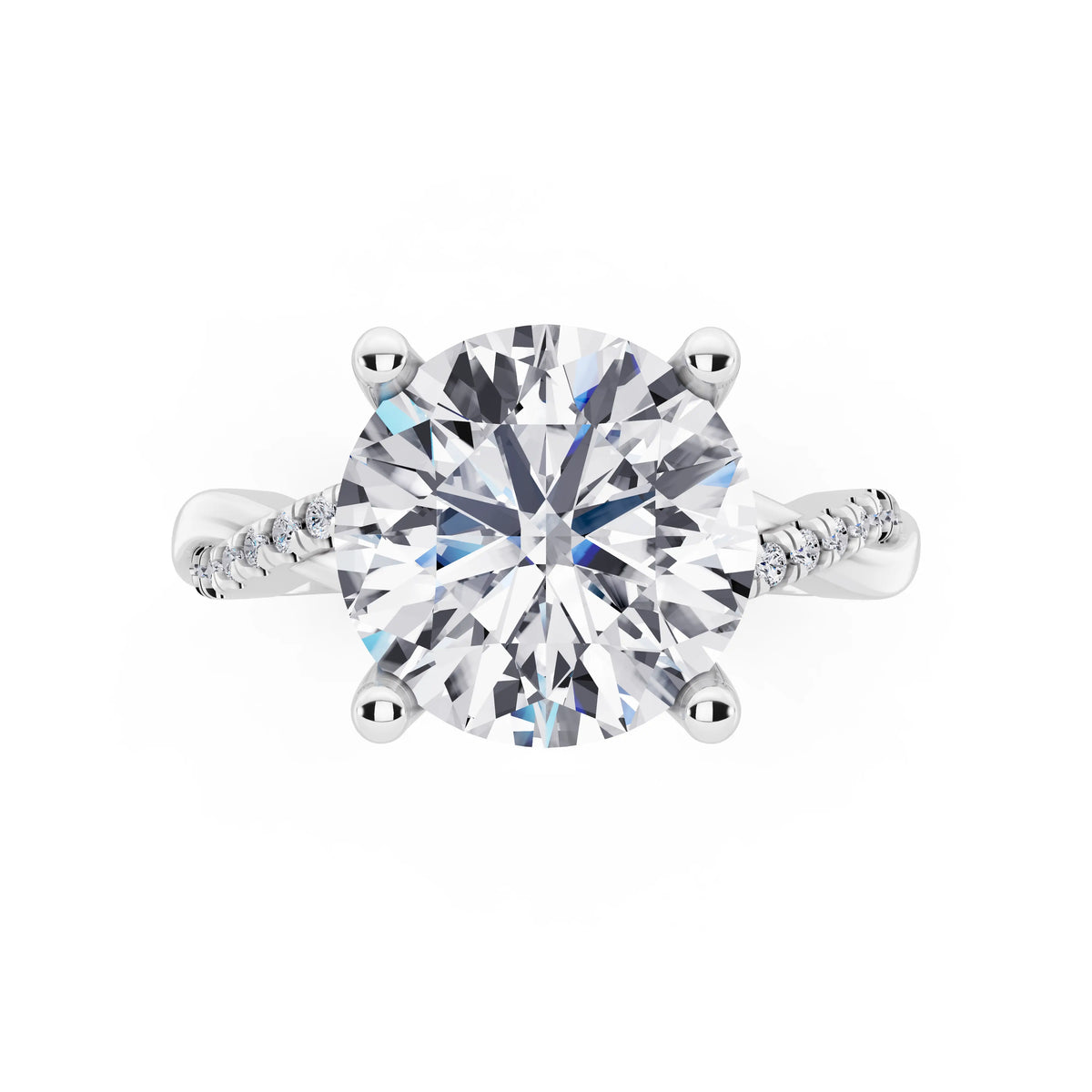 14 KT White Gold Round Cut Diamond Hidden Halo Ring with Twisted Pave Band - top angle