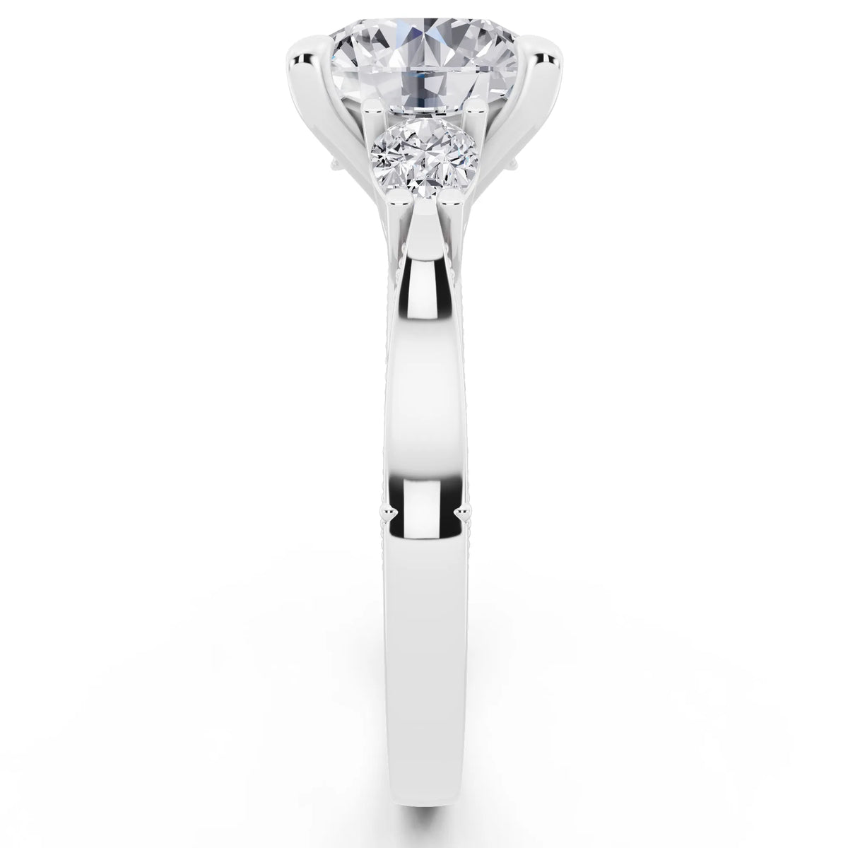 18 KT White Gold Round Cut Diamond Three Stone Pear Accent Vintage Pave Ring - side view
