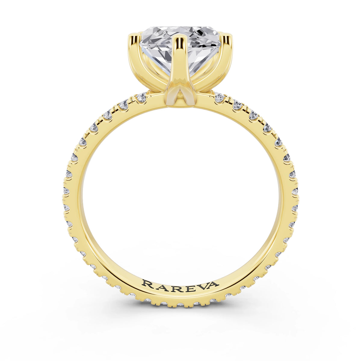 14 KT Yellow Gold Marquise Cut Diamond Solitaire Ring with Pave Eternity Band - through finger