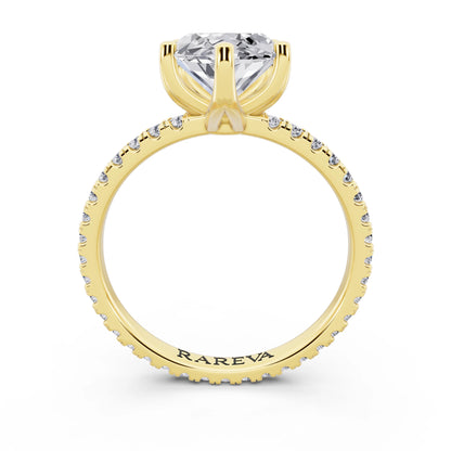 14 KT Yellow Gold Marquise Cut Diamond Solitaire Ring with Pave Eternity Band - through finger