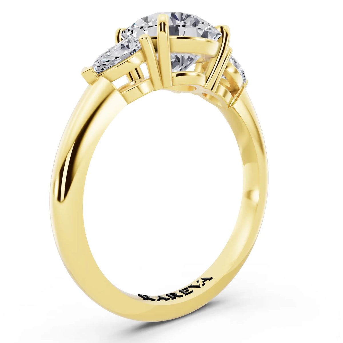 18 KT Yellow Gold Round Cut Diamond Three Stone Pear Accent Ring - top view