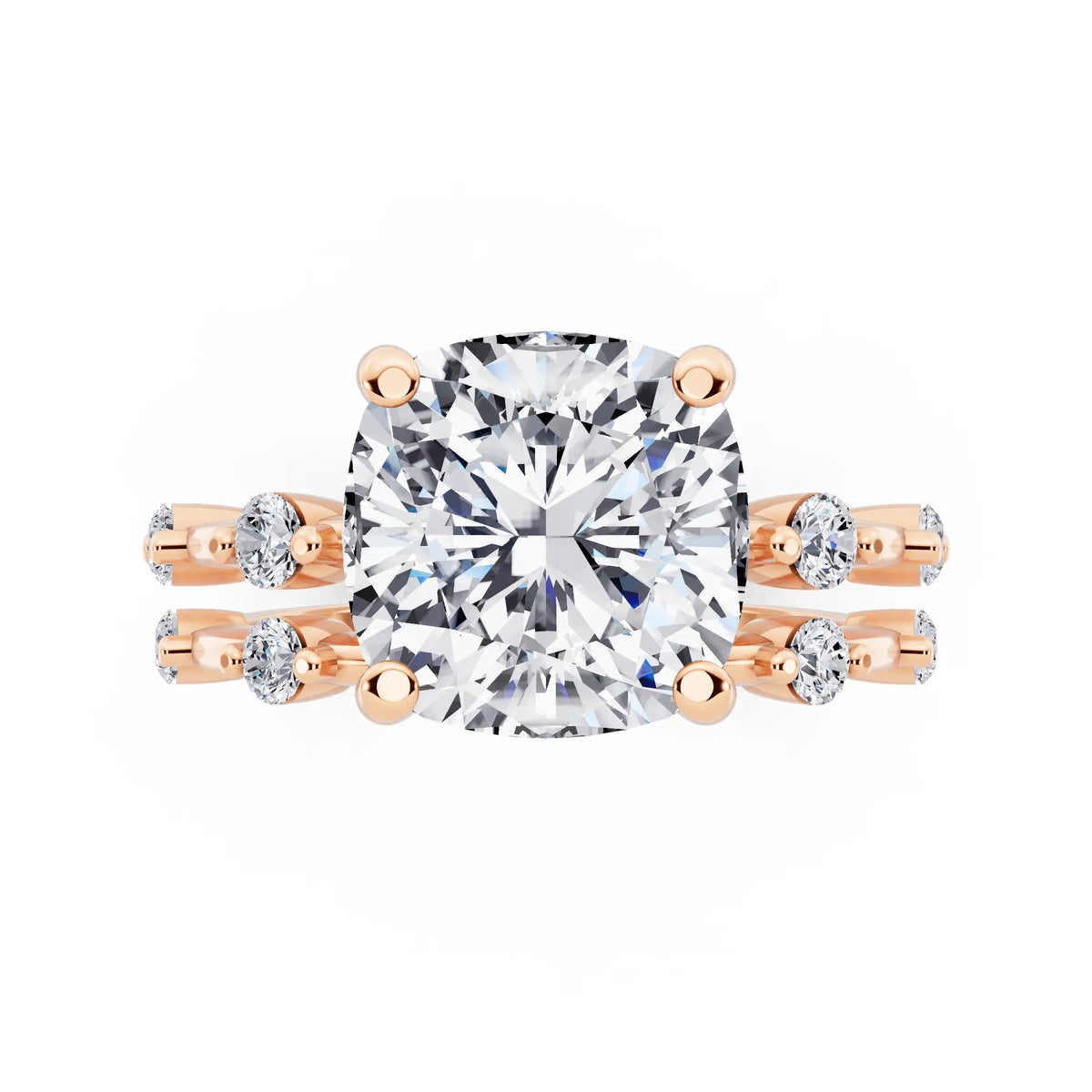 14 KT Rose Gold Cushion Cut Diamond Ring with Floating Accent Band - top angle