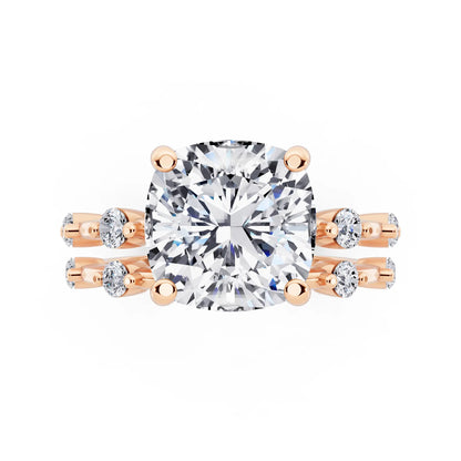 14 KT Rose Gold Cushion Cut Diamond Ring with Floating Accent Band - top angle
