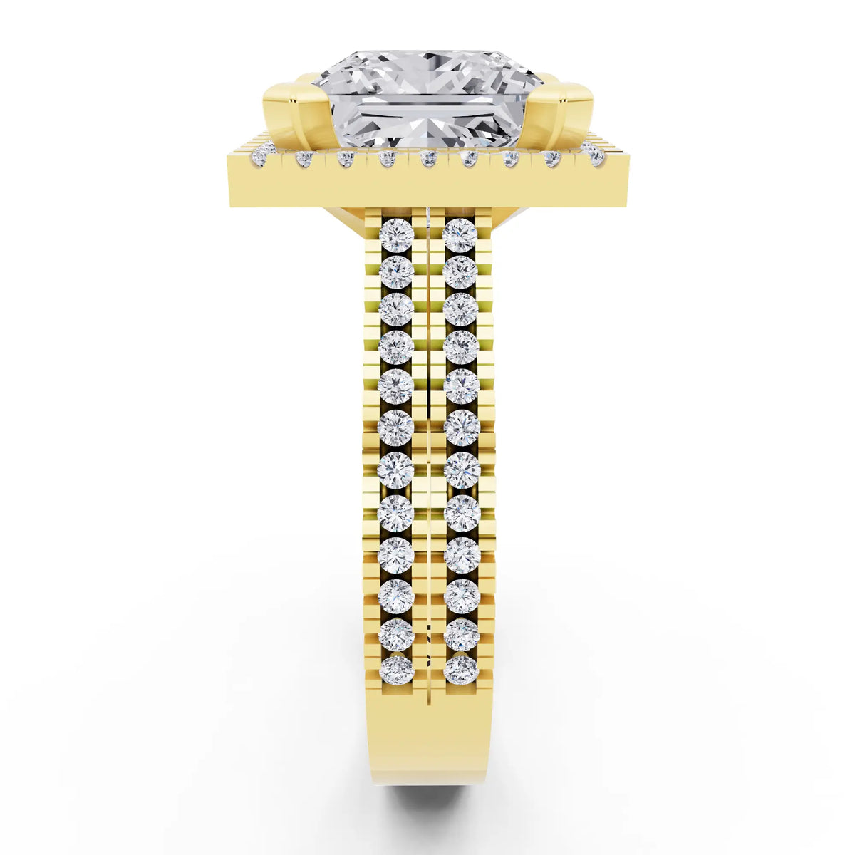 18 KT Yellow Gold Princess Cut Diamond Halo Ring with Twin Pave Band - side view