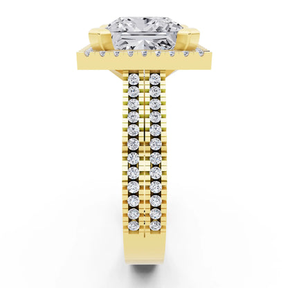 18 KT Yellow Gold Princess Cut Diamond Halo Ring with Twin Pave Band - side view