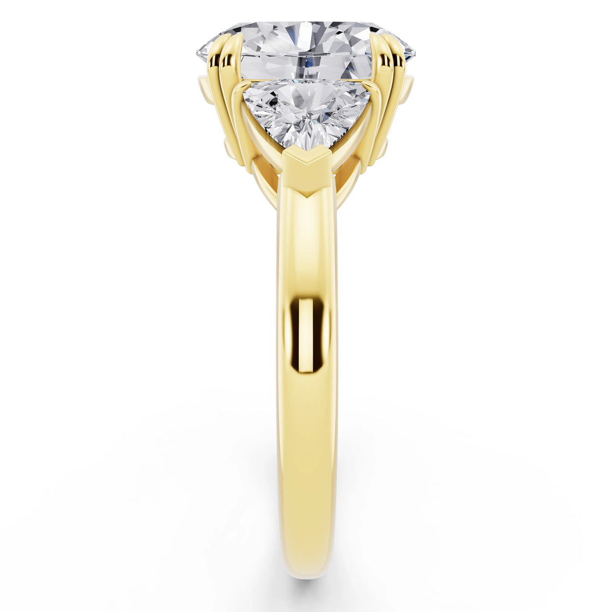 14 KT Yellow Gold Oval Cut Diamond Three Stone Ring with Trillion Accents - side view