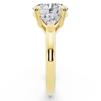 14 KT Yellow Gold Oval Cut Diamond Three Stone Ring with Trillion Accents - side view