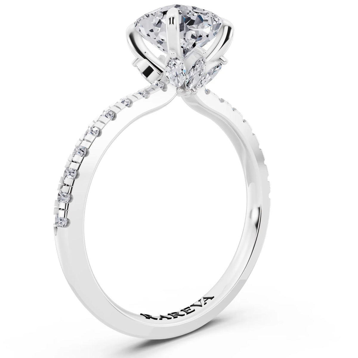 14 KT White Gold Cushion Cut Diamond Solitaire Ring with Marquise Collar - top view