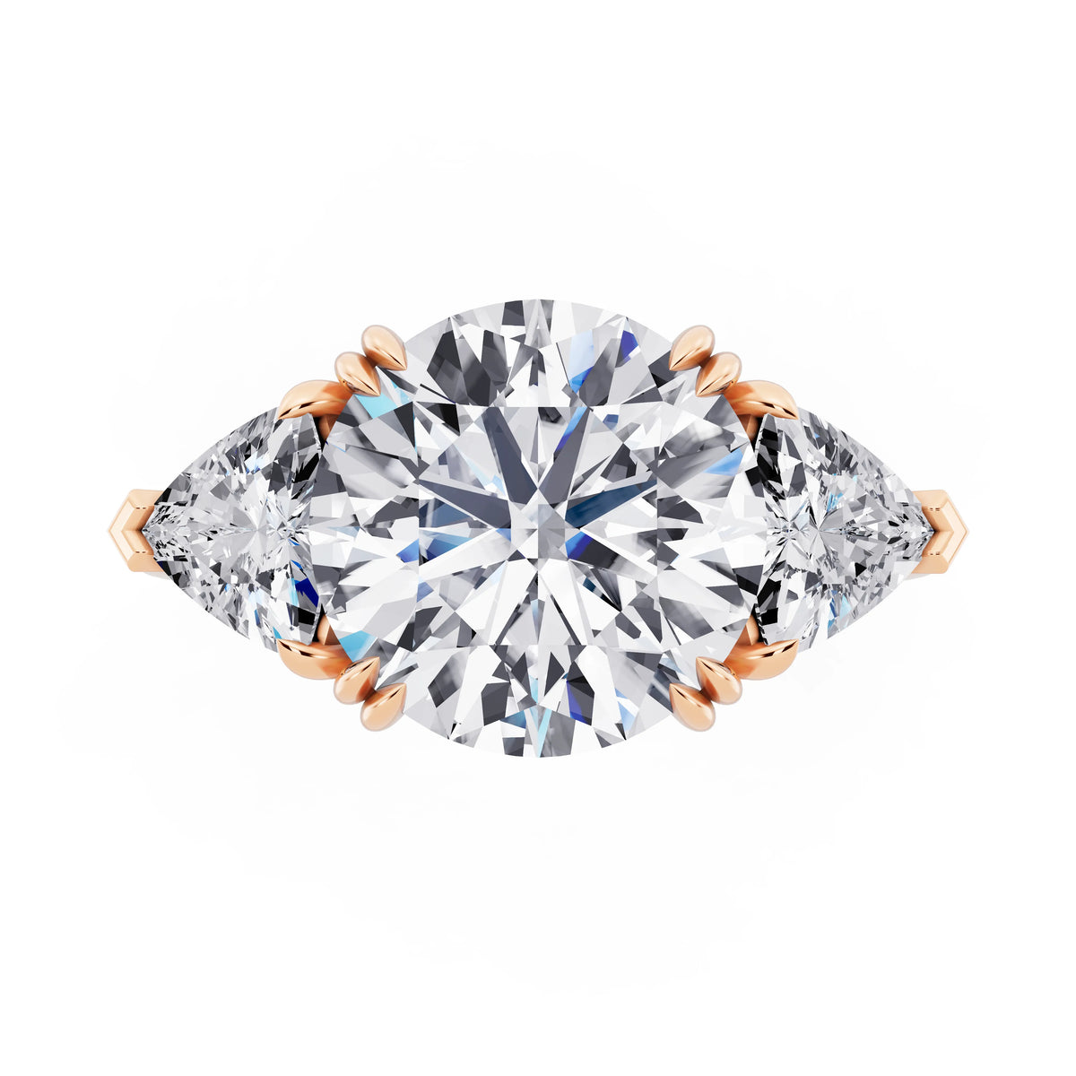14 KT Rose Gold Round Cut Diamond Three Stone Ring with Trillion Accents - top angle