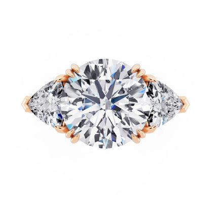 14 KT Rose Gold Round Cut Diamond Three Stone Ring with Trillion Accents - top angle