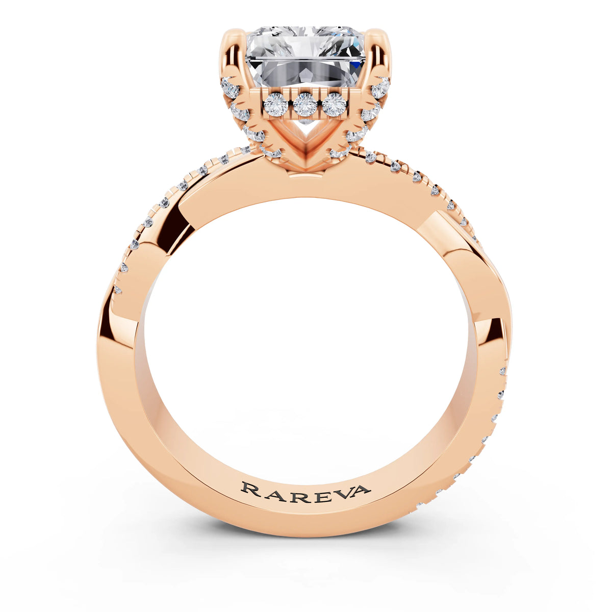 18 KT Rose Gold Radiant Cut Diamond Hidden Halo Ring with Twisted Pave Band - through finger