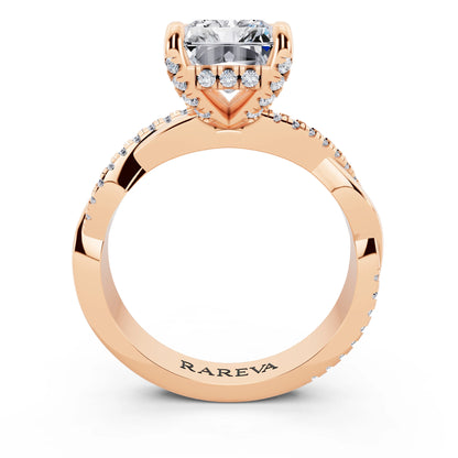 18 KT Rose Gold Radiant Cut Diamond Hidden Halo Ring with Twisted Pave Band - through finger