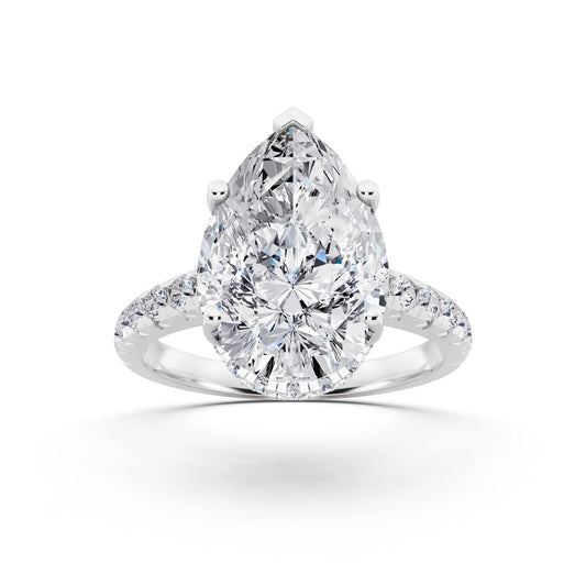 14 KT White Gold Pear Cut Diamond Ring with Hidden Halo - front view