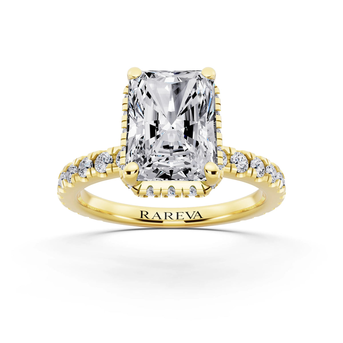 14 KT Yellow Gold Radiant Cut Diamond Hidden Halo Ring with Pave Band - front view