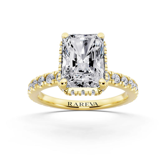 14 KT Yellow Gold Radiant Cut Diamond Hidden Halo Ring with Pave Band - front view
