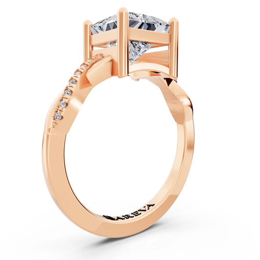 18 KT Rose Gold Princess Cut Diamond Solitaire Ring with Twisted Pave Band - Top view