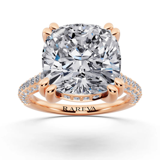 14 KT Rose Gold Cushion Cut Diamond Hidden Halo Double Claw Pave Band Ring - front view
