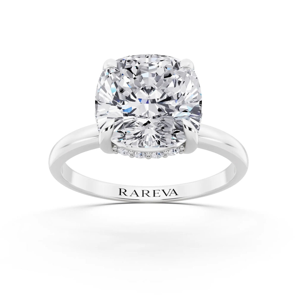 18 KT White Gold Cushion Cut Diamond Hidden Halo Solitaire Ring - front view