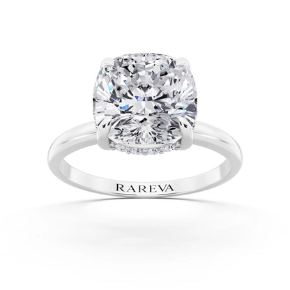 18 KT White Gold Cushion Cut Diamond Hidden Halo Solitaire Ring - front view