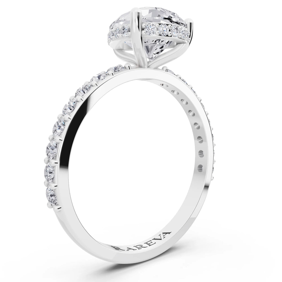 Platinum Pear Cut Diamond Solitaire Ring with Hidden Halo and Pave Band - top view