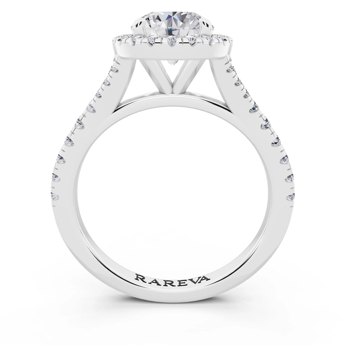 18 KT White Gold Round Cut Diamond Halo Ring with Split Shank - through finger