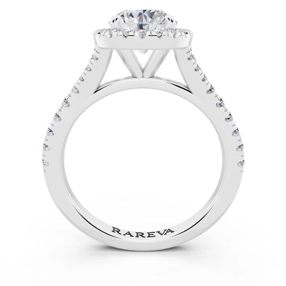 18 KT White Gold Round Cut Diamond Halo Ring with Split Shank - through finger