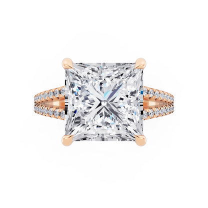 14 KT Rose Gold Princess Cut Diamond Ring with Pavé Split Shank - top angle
