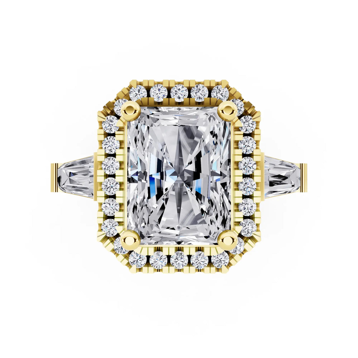 18 KT Yellow Gold Radiant Cut Diamond Halo Ring with Baguette Accents - top angle