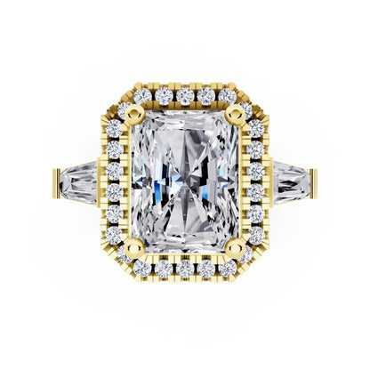 18 KT Yellow Gold Radiant Cut Diamond Halo Ring with Baguette Accents - top angle