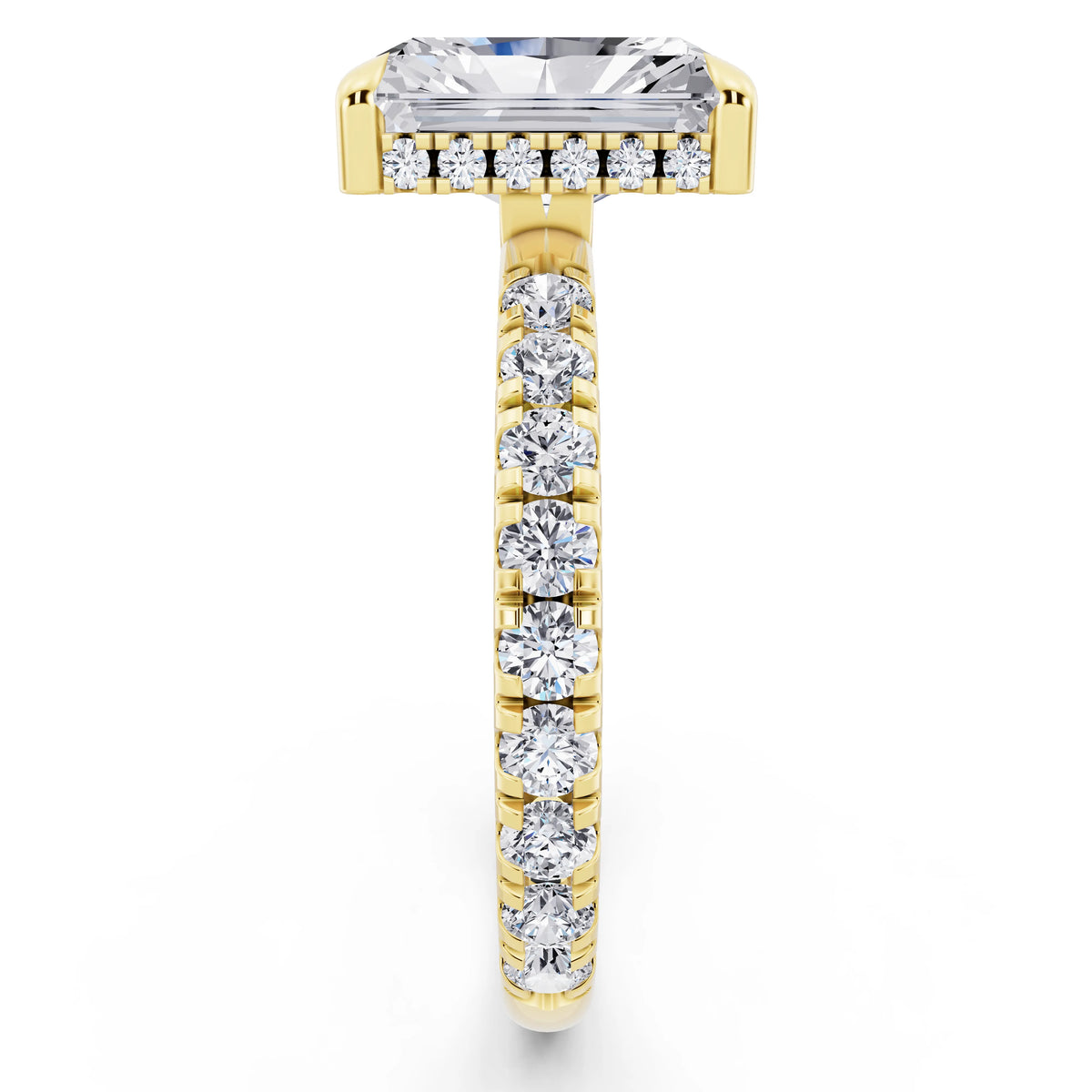 14 KT Yellow Gold Radiant Cut Diamond Solitaire Ring with Hidden Halo and French Pave Band - side view