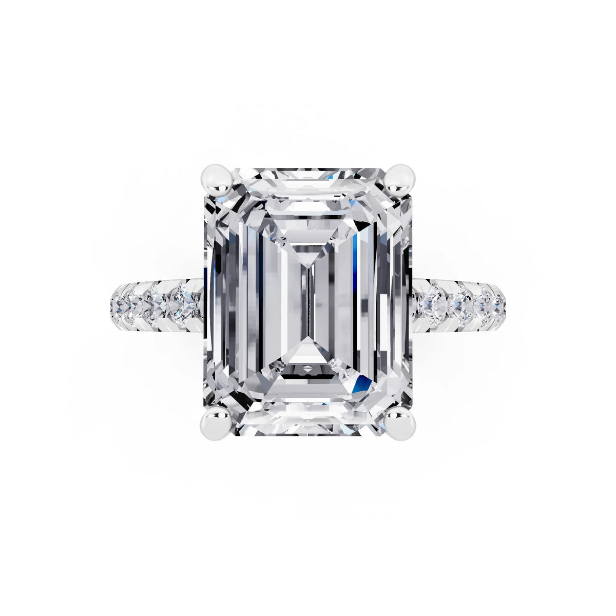 18 KT White Gold Emerald Cut Diamond Ring with Hidden Halo - top angle
