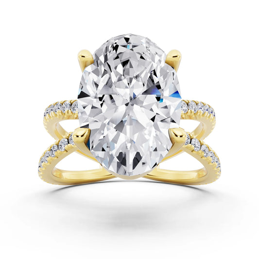 14 KT Yellow Gold Oval Cut Diamond Ring with Twisted Split Shank - front view