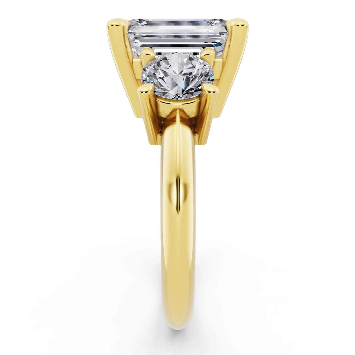18 KT Yellow Gold Emerald Cut Diamond Three Stone Ring with Round Accents - side view