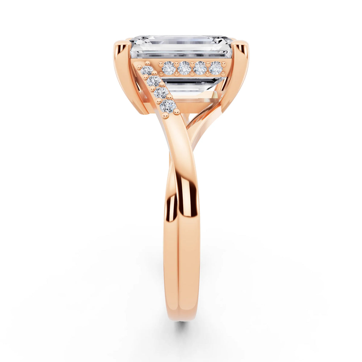 18 KT Rose Gold Emerald Cut Diamond Split Shank Engagement Ring with Hidden Halo - side view