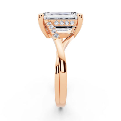 18 KT Rose Gold Emerald Cut Diamond Split Shank Engagement Ring with Hidden Halo - side view
