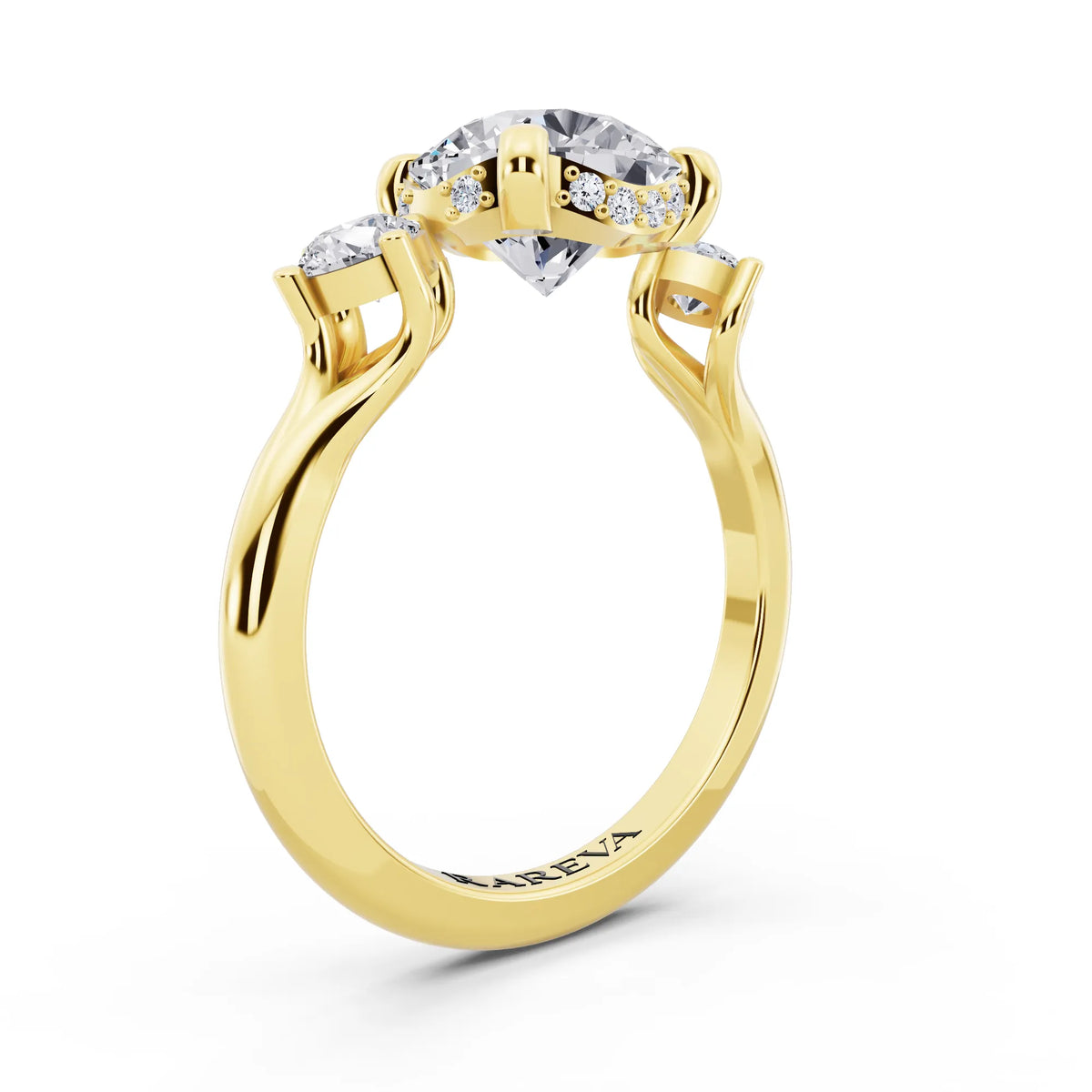 14 KT Yellow Gold Round Cut Diamond Three Stone Engagement Ring with Hidden Halo - top view